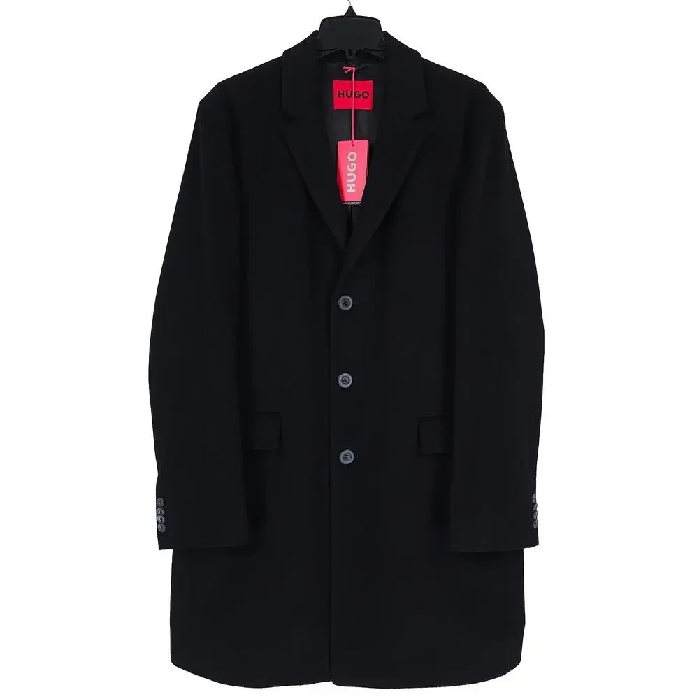 Hugo Boss Mens Migor Slim Fit Overcoat 42R Black Solid Cashmere NWT
